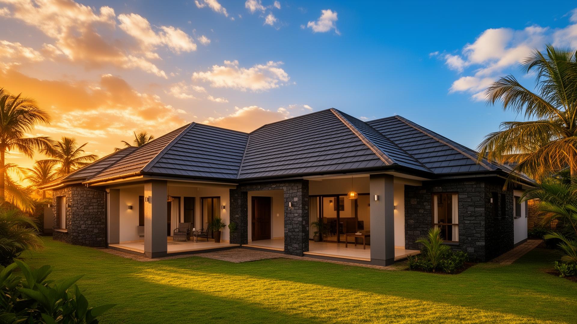 Modern Kenyan home with premium Heritage Mabati roofing at sunset
